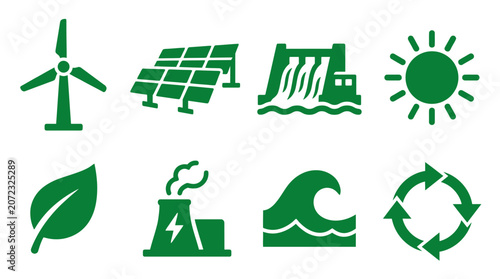 Cuadro en lienzo Renewable energy icons represent solar wind and hydro power.