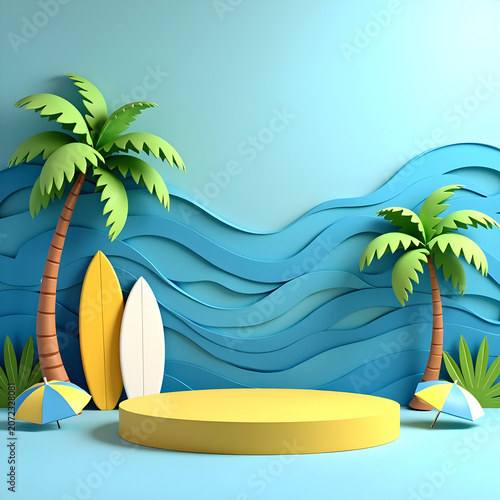 Blank showcase stage with tropical surfing beach elements for modern online retail marketing campaign