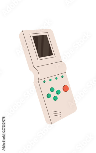 Y2K retro handheld game console patch in flat style with electronic gadget look. Vintage portable videogame device as video game patch, in white with green, perfect for digital art.