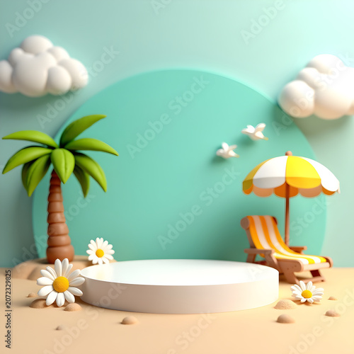 Creative e-commerce product podium on sand beach template for seasonal promotional graphic banner