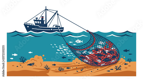 Quadro su tela Fishing trawler pulling large net full of fish underwater.