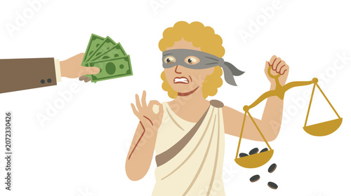Schilderij op canvas Corrupt justice concept blindfolded judge receiving bribe money while balancing scales