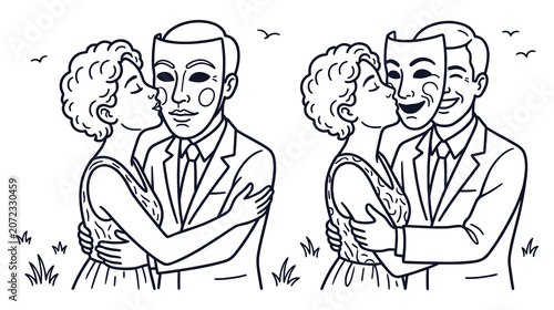 Photos Deception in relationship man hiding face behind theatrical mask kissing woman in field