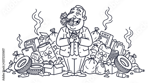 Greedy man with money in nose sits in pile of garbage and trash representing wealth and pollution.