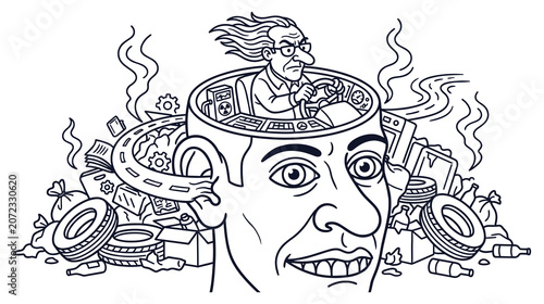 Fotografie Man's head filled with junk, garbage, and gears as another man drives car inside his mind