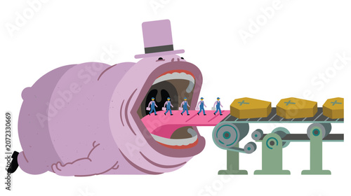 Obraz na plátne Monster with open mouth devours tiny people walking towards coffins on conveyor belt