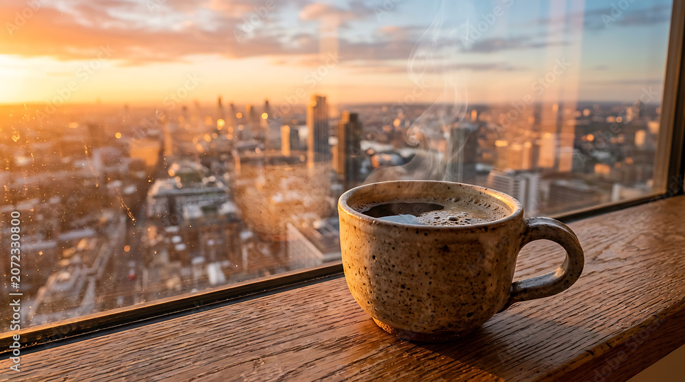 Fototapeta premium Serene sunrise view of a bustling cityscape from a high-rise window with a steaming coffee mug in the foreground capturing a
