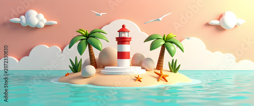 Bright lighthouse plinth showcase template for summer skincare cosmetic product advertisement and web banner