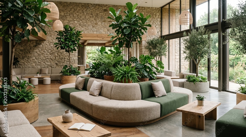 Fototapeta premium Modern hotel lobby with comfortable seating and lush indoor plants