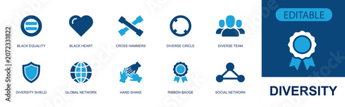 Diversity inclusion icon set. Containing equality sign, heart, diverse team, handshake, global network, social network, shield, badge, inclusive circle and more. Solid fill vector icons.