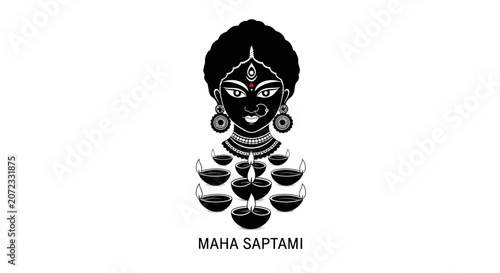 Stylized black and white illustration of Goddess Durga for Maha Saptami festival.