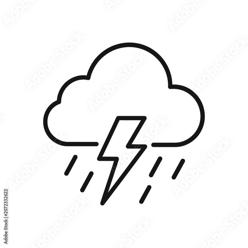 Black line drawing of a storm cloud with lightning and rain