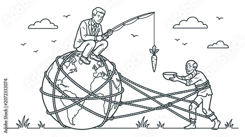 Foto Businessman fishing for a poor man with a carrot on a fishing rod tied to globe