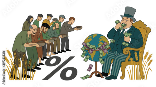 Tableau sur toile Rich man eating money while poor people beg for food with a percentage symbol