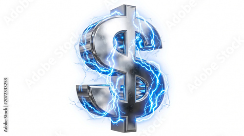 Floating metal dollar sign with blue sparks.
