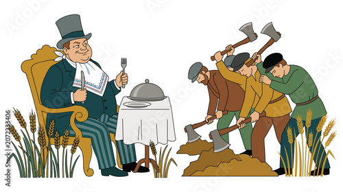 Billede på lærred Illustration showing wealthy man dining comfortably while laborers work hard in wheat field