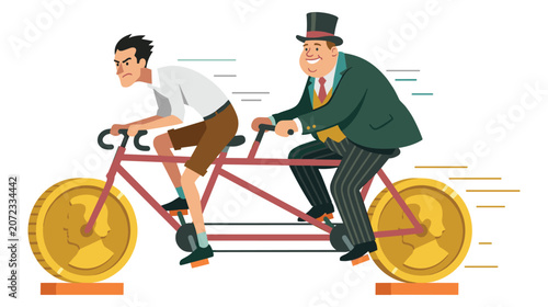 Obraz na plátně Tandem bicycle with gold coin wheels ridden by angry worker and happy wealthy gentleman