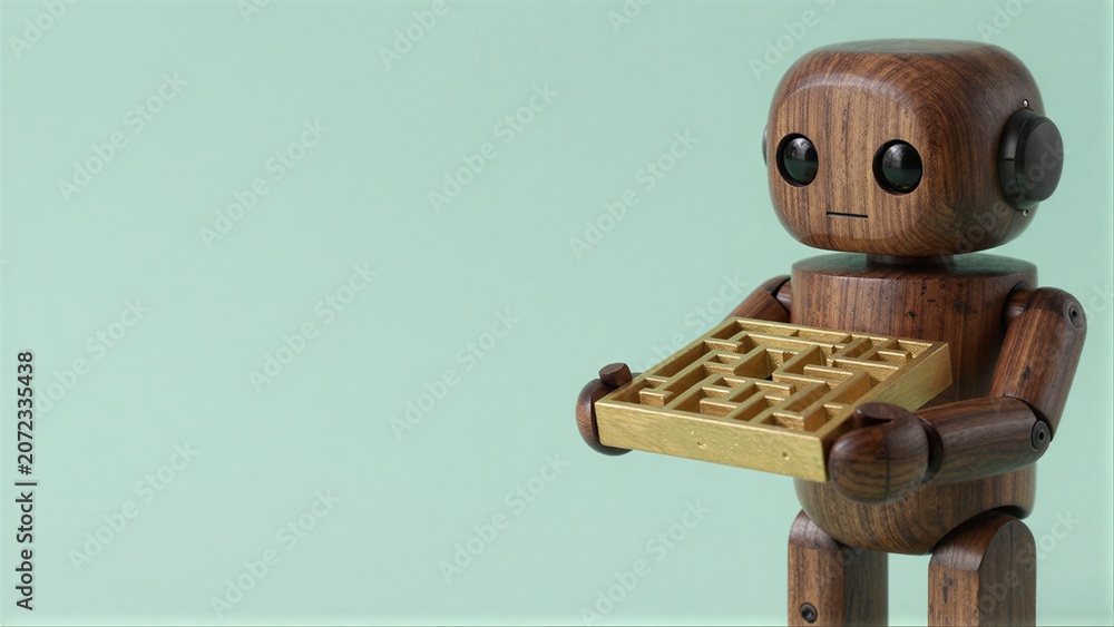 Fototapeta premium Wooden robot holds golden maze, symbolizing problem-solving and artificial intelligence.