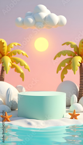 Creative summer sale display stage featuring yellow palm trees and starfishes for digital media campaign