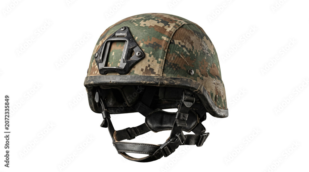 Fototapeta premium Military combat helmet with camouflage pattern isolated on transparent background