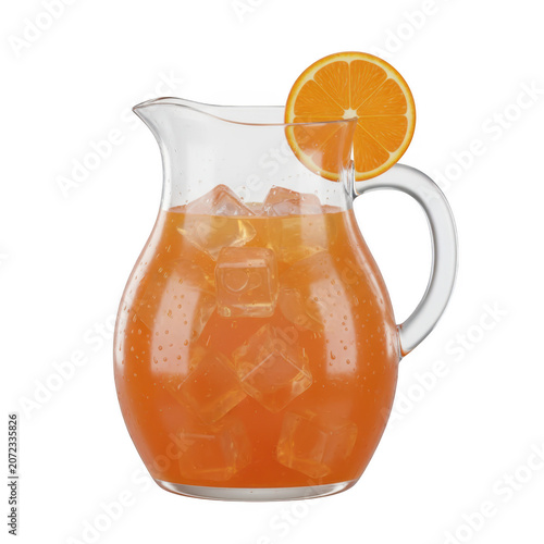 Glass pitcher of orange juice with ice and fruit slice as transparent object