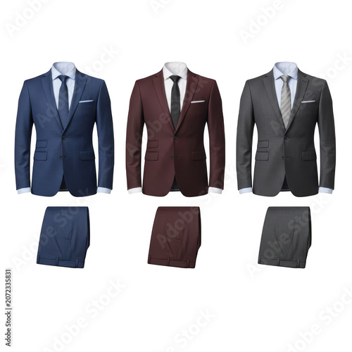Three professional men's suit jackets and matching trousers as PNG element