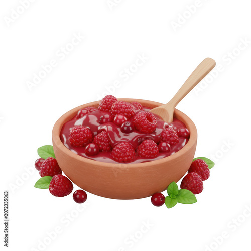 Bowl of fresh raspberries and red berries with spoon as PNG asset