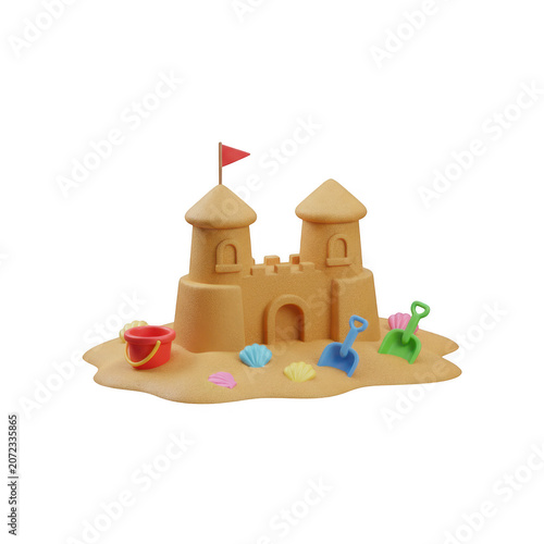 Sandcastle with toys and flag as transparent PNG