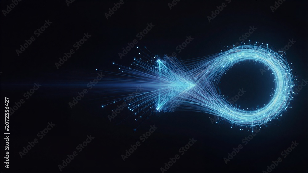 Fototapeta premium Blue light trails form a dynamic, abstract fish shape against deep black background.