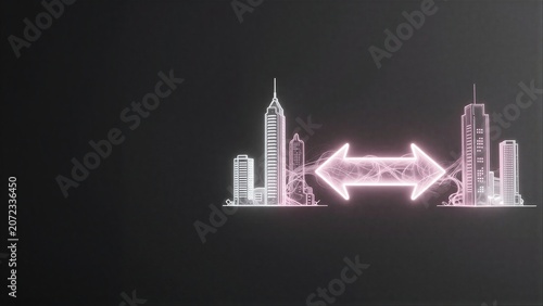 Neon city silhouettes connected by glowing bidirectional arrow, symbolizing urban exchange.