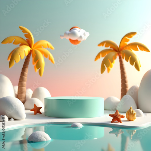 Blank showcase stage with tropical island elements for modern online retail marketing campaign banner