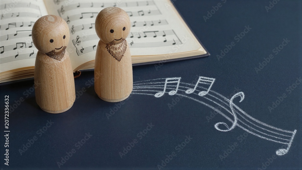 Naklejka premium Wooden figures beside musical notes and sheet music, evoking harmony and creativity.