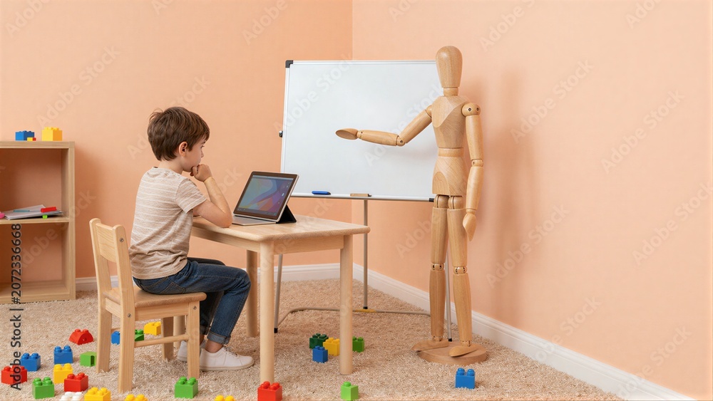 Naklejka premium Child sits at table with tablet, wooden figure gestures beside him in cozy room.