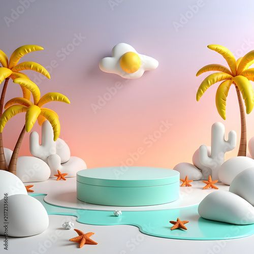 Bright tropical island mockup stand for cosmetic and skincare brand summer product launch web banner