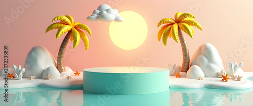 Minimalist 3d scene with empty cylinder pedestal for summer island retail advertisement campaign layout