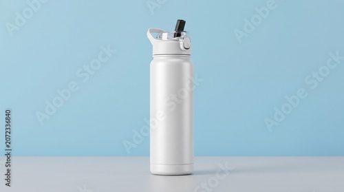 Minimalist white reusable water bottle with a straw lid, standing on a grey surface against a clean light blue background. Perfect for fitness, travel, and daily hydration.