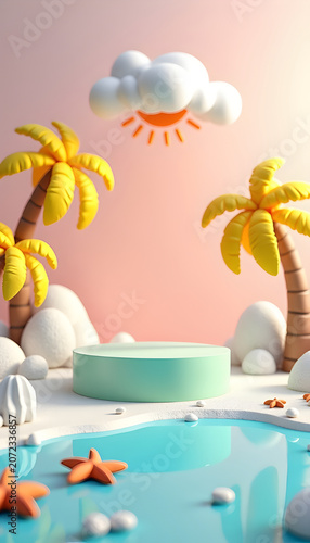 Creative e-commerce product podium on island beach template for seasonal promotional graphic banner