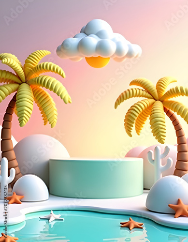 Bright summer holiday island concept 3d render layout with mint product display pedestal backdrop
