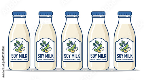 Five glass bottles of organic soy milk lined up.