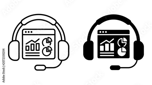Two icons representing a headset with a microphone and a computer screen displaying charts and graphs.