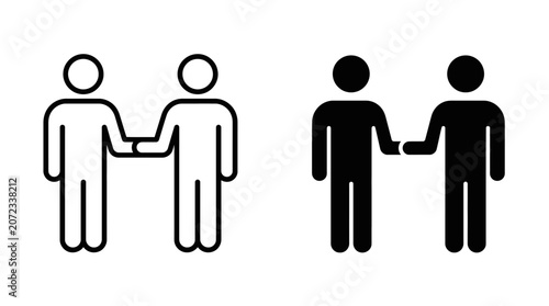 Two simple stick figures shaking hands, one in black and white outline, the other in solid black silhouette.