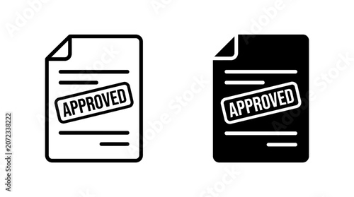 Two icons representing an approved document, one in outline and the other in solid black.