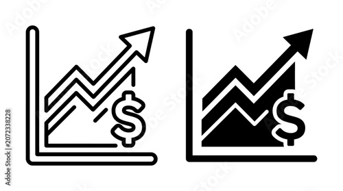 Two contrasting icons representing financial growth and positive economic trends with an upward arrow and dollar sign.