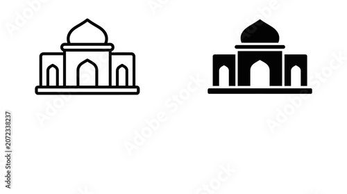 Two simple icon representations of a mosque, one outlined and one filled silhouette.