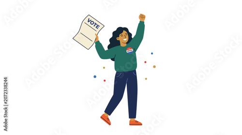 Young woman holding up vote ballot during election season.