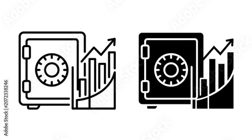 Two icons representing a safe and a growing financial graph, one in outline and one in solid black.