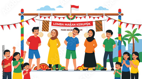 Indonesian Independence Day kerupuk eating contest cartoon illustration.