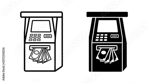 Two simplified icons of an ATM machine dispensing cash, one in outline and one in solid black.