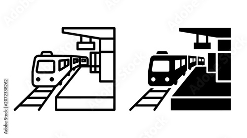 Modern train arriving at a station platform, shown in both outline and silhouette styles.