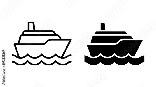 Two stylized cruise ship icons, one outlined and one solid black, floating on waves.